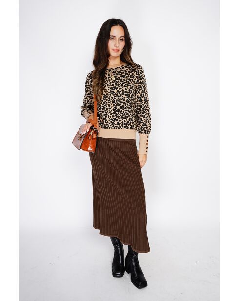 Pull large en Cachemire mélangé col rond léopard camel/marron