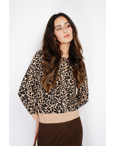 Pull large en Cachemire mélangé col rond léopard camel/marron