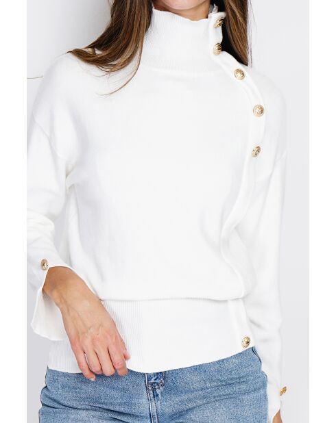 Pull en Cachemire mélangé col montant boutons dorés naturel