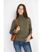 Pull en Cachemire mélangé col montant boutons dorés kaki