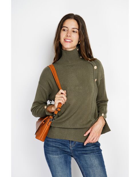 Pull en Cachemire mélangé col montant boutons dorés kaki