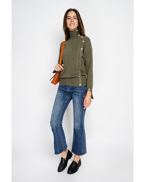 Pull en Cachemire mélangé col montant boutons dorés kaki