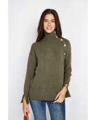 Pull en Cachemire mélangé col montant boutons dorés kaki