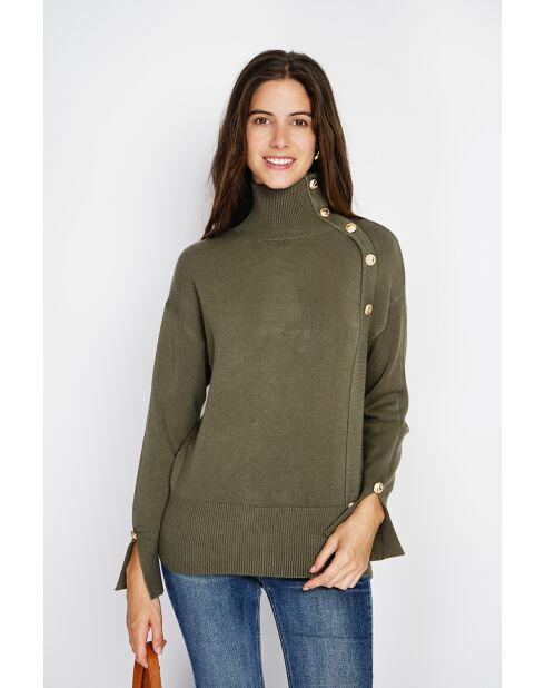 Pull en Cachemire mélangé col montant boutons dorés kaki