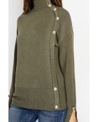 Pull en Cachemire mélangé col montant boutons dorés kaki
