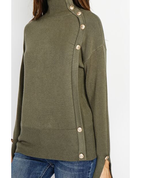 Pull en Cachemire mélangé col montant boutons dorés kaki