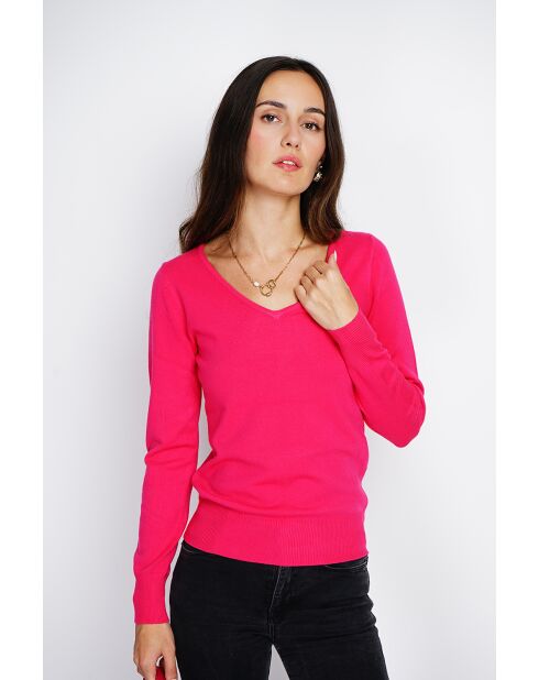 Pull en Cachemire mélangé col V fushia