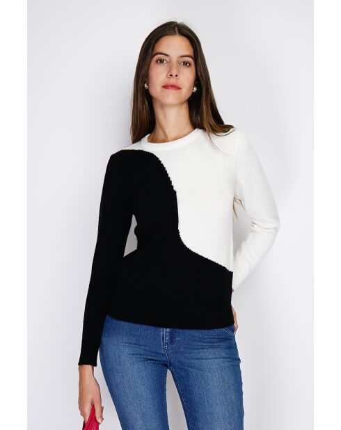 Pull en Cachemire mélangé col ras du cou en bi-couleur noir