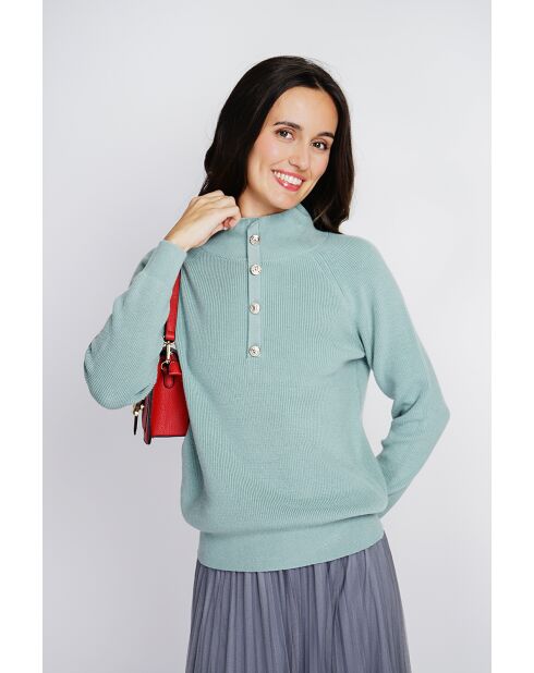 Pull en Cachemire & Soie mélangés col montant boutonné jade