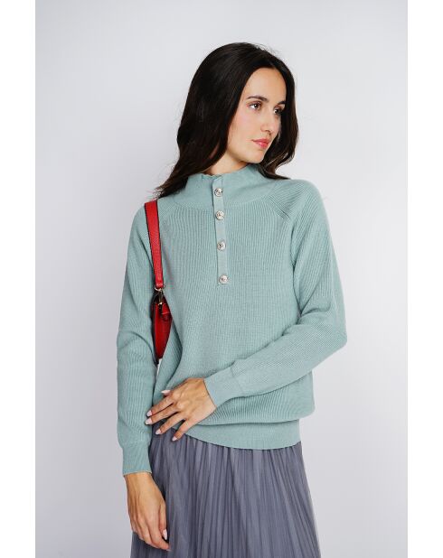 Pull en Cachemire & Soie mélangés col montant boutonné jade