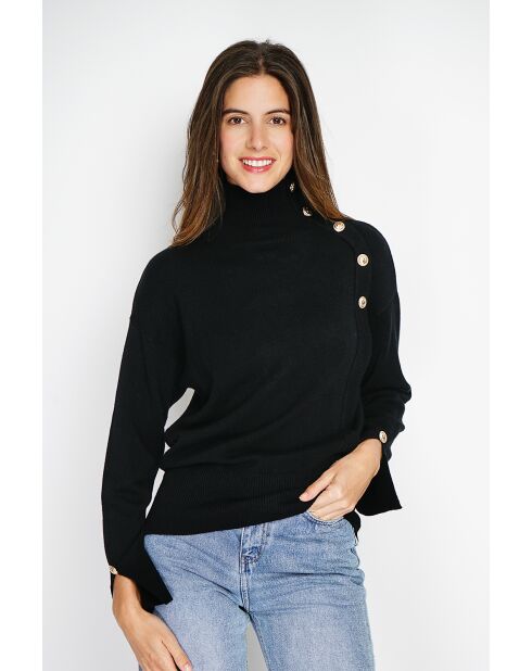 Pull en Cachemire mélangé col montant boutons dorés noir