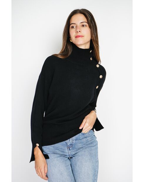 Pull en Cachemire mélangé col montant boutons dorés noir