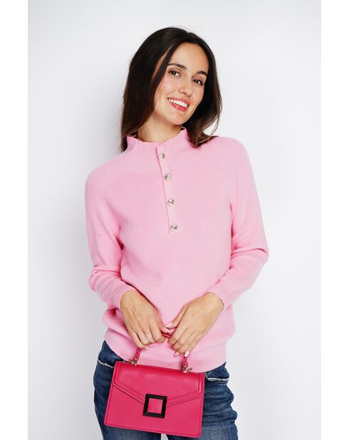 Maglione rosa a collo alto in misto cashmere e seta con bottoni