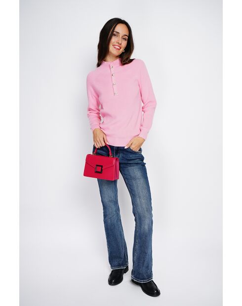 Maglione rosa a collo alto in misto cashmere e seta con bottoni