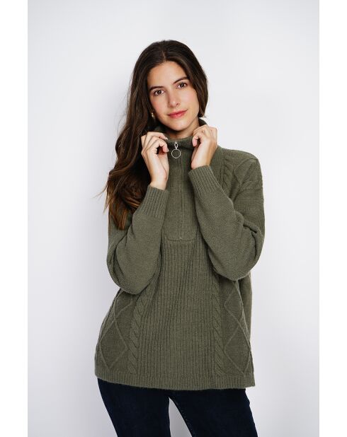 Pull poncho en Cachemire mélangé col montant fantaisie kaki