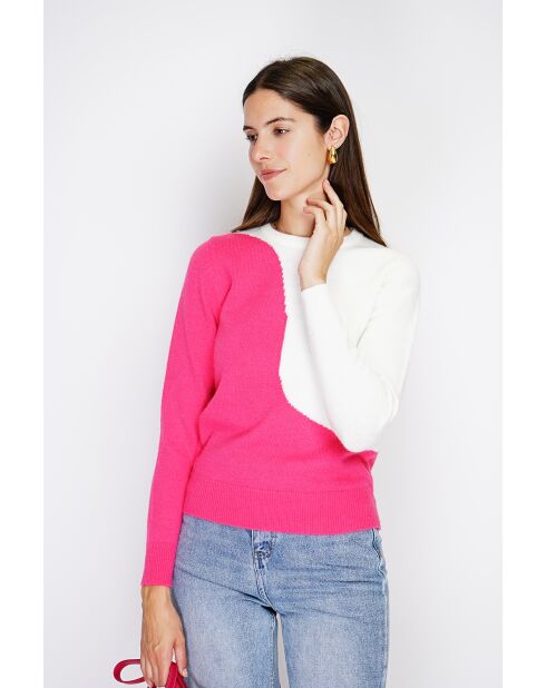 Pull en Cachemire mélangé col ras du cou en bi-couleur fushia