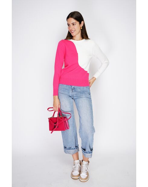 Pull en Cachemire mélangé col ras du cou en bi-couleur fushia