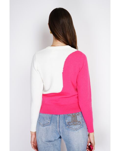 Pull en Cachemire mélangé col ras du cou en bi-couleur fushia