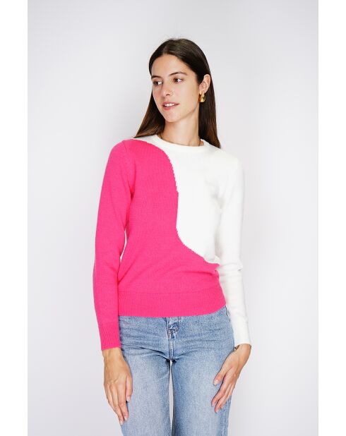 Pull en Cachemire mélangé col ras du cou en bi-couleur fushia