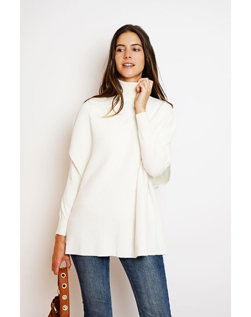Pull poncho en Cachemire & Soie mélangé col V tricotage fantaisie naturel