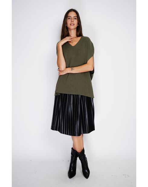 Pull poncho en Cachemire & Soie mélangé col V tricotage fantaisie kaki