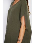 Pull poncho en Cachemire & Soie mélangé col V tricotage fantaisie kaki