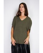 Pull poncho en Cachemire & Soie mélangé col V tricotage fantaisie kaki