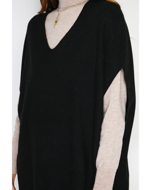 Pull poncho en Cachemire & Soie mélangé col V tricotage fantaisie noir