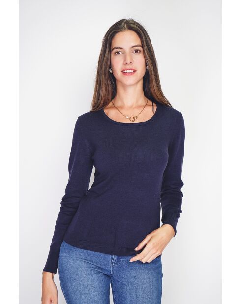 Pull en Cachemire & Soie mélangés col rond classique 2 fils bleu nuit
