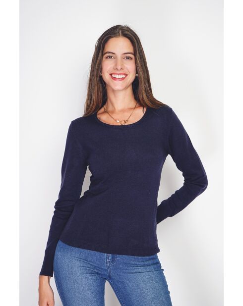 Pull en Cachemire & Soie mélangés col rond classique 2 fils bleu nuit