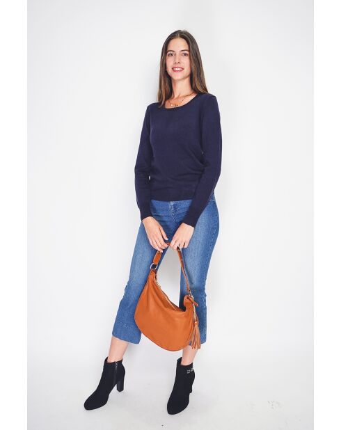 Pull en Cachemire & Soie mélangés col rond classique 2 fils bleu nuit
