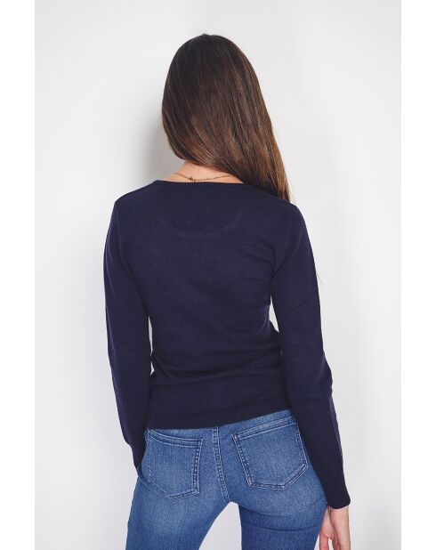Pull en Cachemire & Soie mélangés col rond classique 2 fils bleu nuit