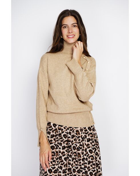 Pull en Cachemire mélangé col montant boutons dorés camel