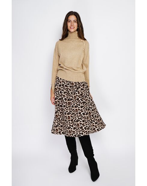 Pull en Cachemire mélangé col montant boutons dorés camel