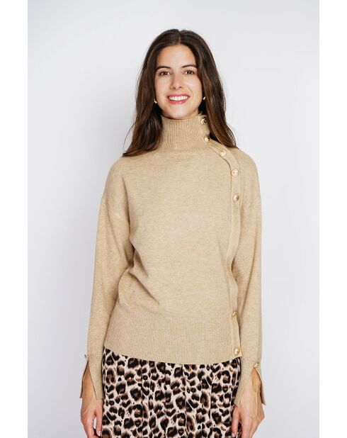 Pull en Cachemire mélangé col montant boutons dorés camel