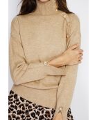 Pull en Cachemire mélangé col montant boutons dorés camel