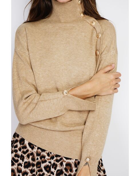 Pull en Cachemire mélangé col montant boutons dorés camel