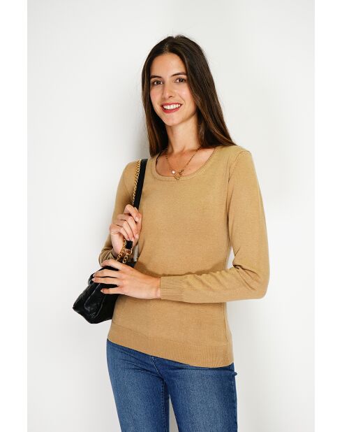 Pull en Cachemire & Soie mélangés col rond classique 2 fils camel