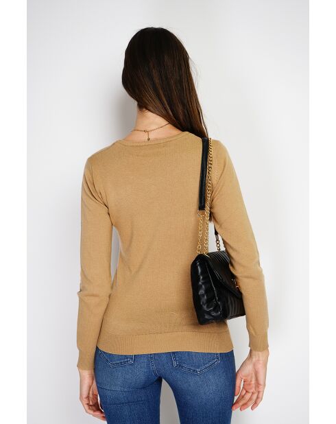 Pull en Cachemire & Soie mélangés col rond classique 2 fils camel