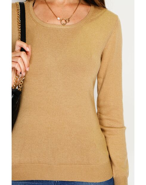 Pull en Cachemire & Soie mélangés col rond classique 2 fils camel