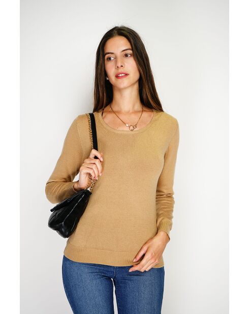 Pull en Cachemire & Soie mélangés col rond classique 2 fils camel
