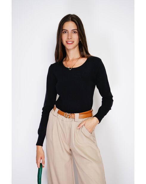 Pull en Cachemire & Soie mélangés col rond classique 2 fils noir