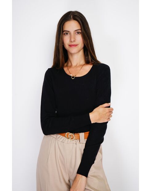 Pull en Cachemire & Soie mélangés col rond classique 2 fils noir