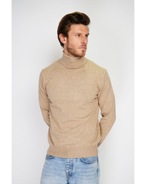 Pull en Cachemire & Soie mélangés col roulé 2 fils camel