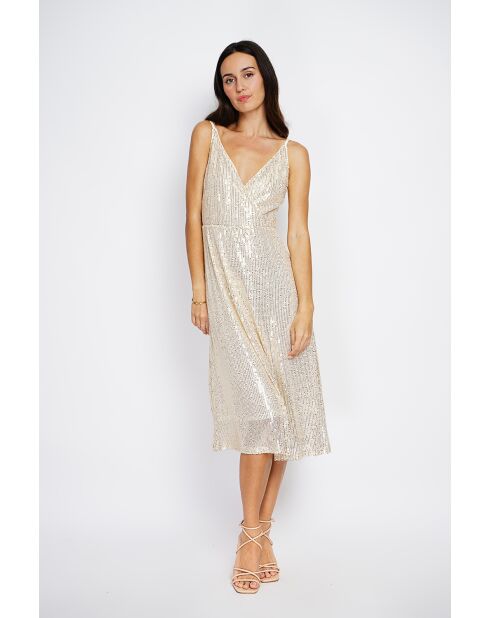 Robe longue cache-cœur à paillettes dorée