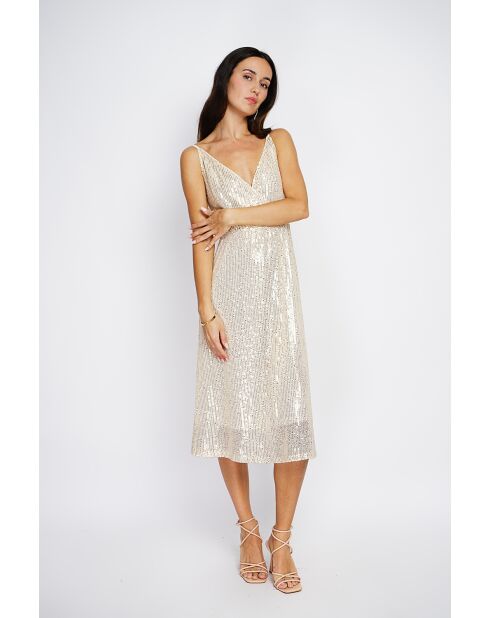 Robe longue cache-cœur à paillettes dorée