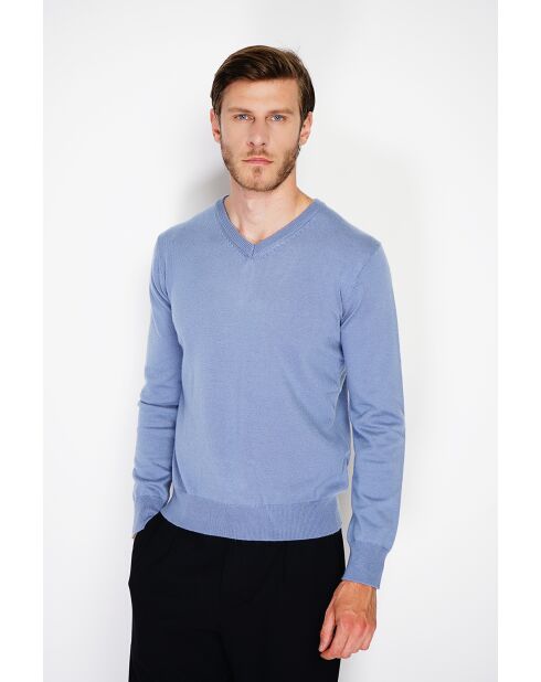 Pull en Cachemire & Soie col V 2 fils bleu jeans