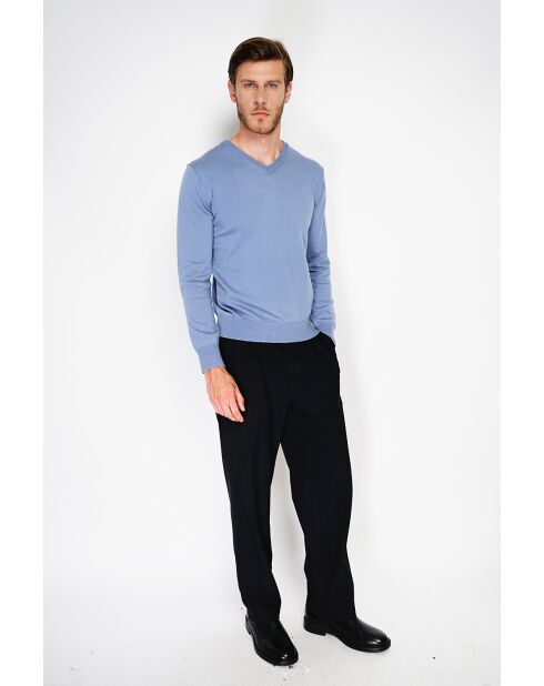 Pull en Cachemire & Soie col V 2 fils bleu jeans