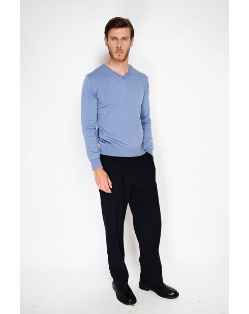 Pull en Cachemire & Soie col V 2 fils bleu jeans