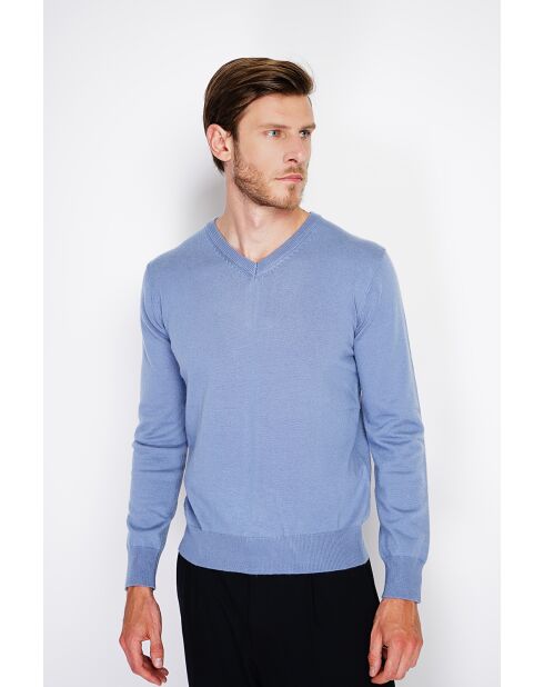 Pull en Cachemire & Soie col V 2 fils bleu jeans